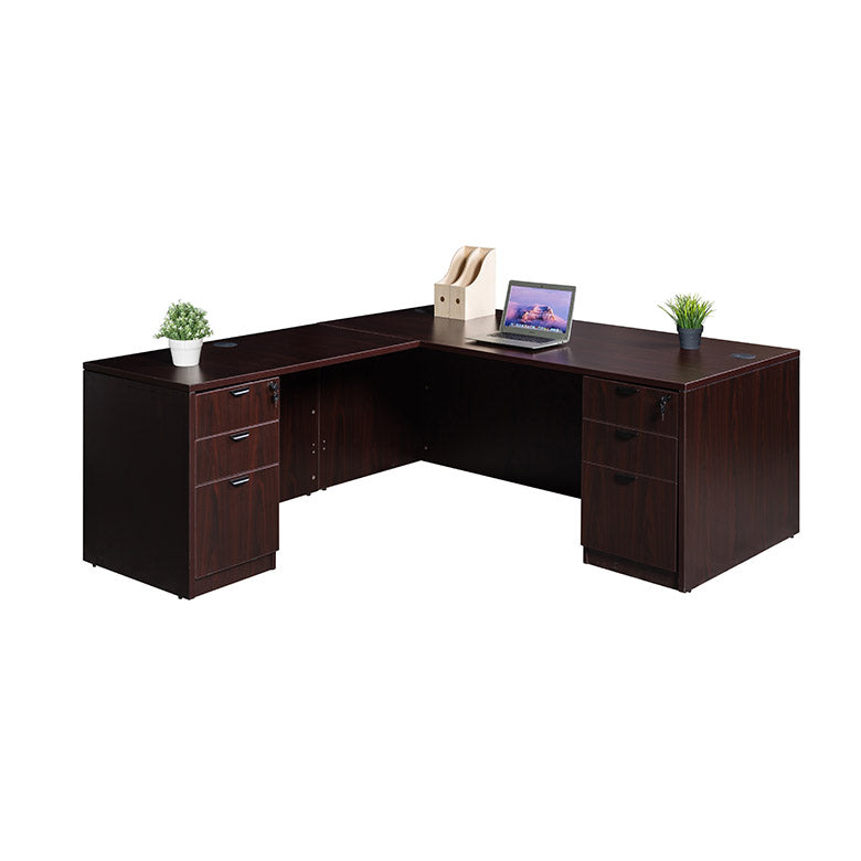 Boss 71 Inch Executive L-Shape Corner Desk with Dual File Storage Pedestals, Mahogany