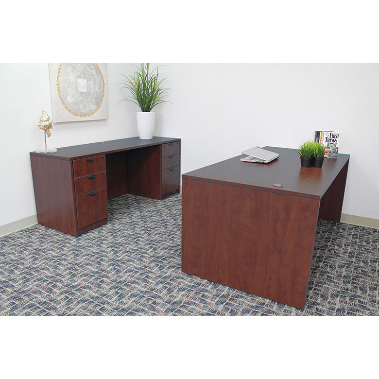 Boss Office Suite, 71 Inch Desk and Credenza with Dual File Storage Pedestals, Mahogany
