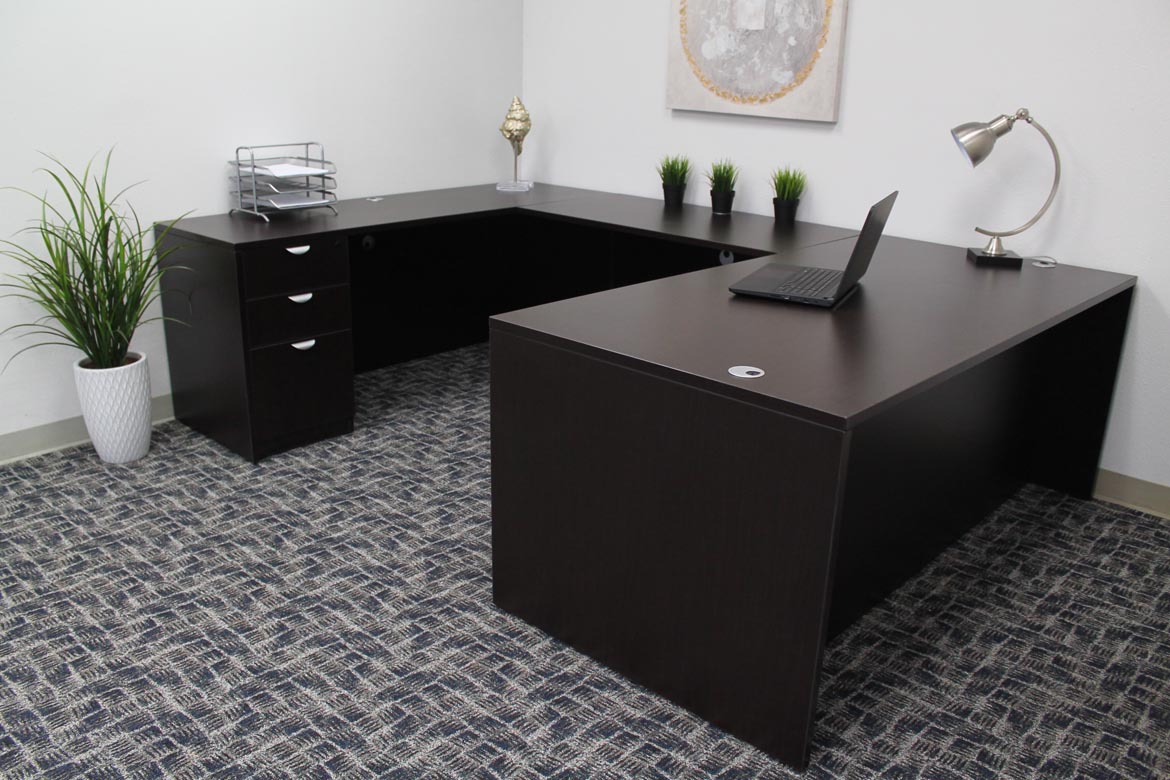 Boss 66 Inch Executive U-Shape Desk with File Storage Pedestal, Mocha