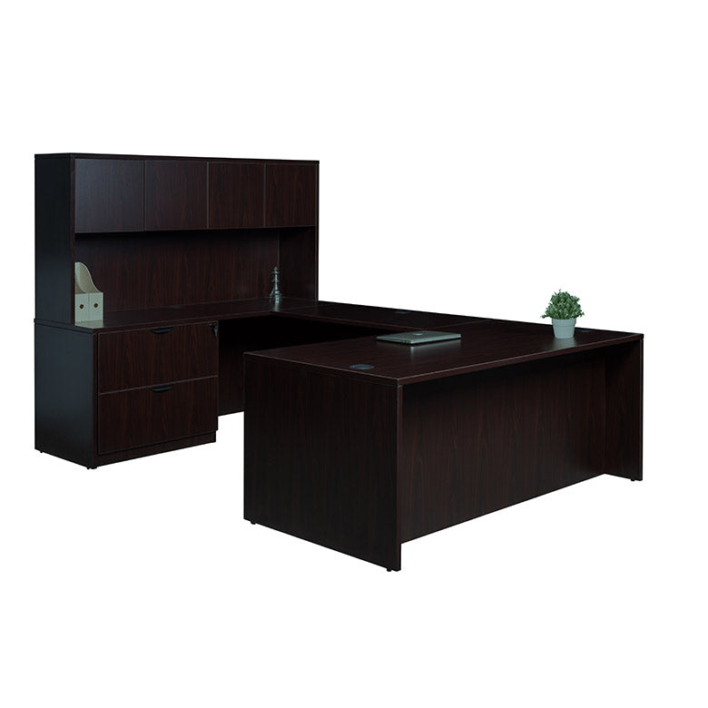 Boss 66 Inch Executive U-Shape Desk with Lateral File and Hutch, Mocha