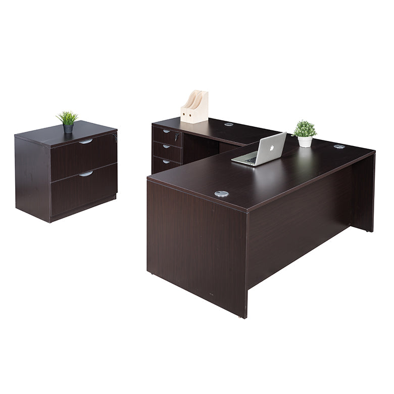 Boss 66 Inch Desk, Executive L-Shape Corner Desk with File Storage Pedestal and Lateral File, Mocha