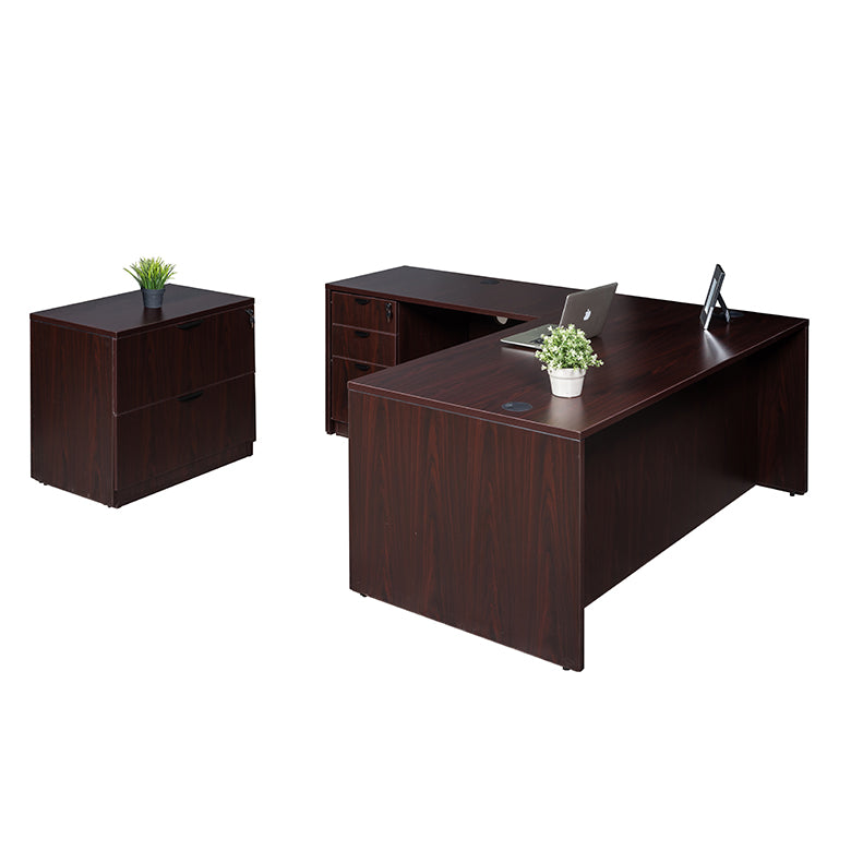 Boss 66 Inch Desk, Executive L-Shape Corner Desk with File Storage Pedestal and Lateral File, Mahogany