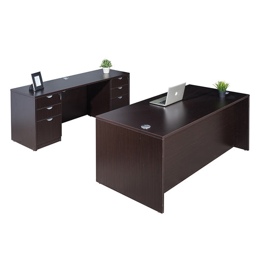 Boss Office Suite, 71 Inch Desk and Credenza with Dual File Storage Pedestals, Mocha