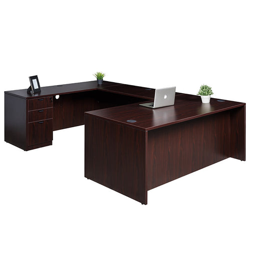 Boss  71 Inch Executive U-Shape Desk with File Storage Pedestal, Mahogany