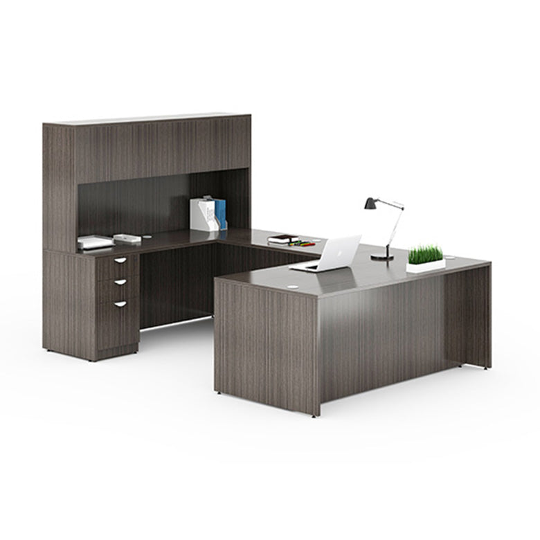 Boss  66 Inch Executive U-Shape Desk with File Storage Pedestal and Hutch, Driftwood