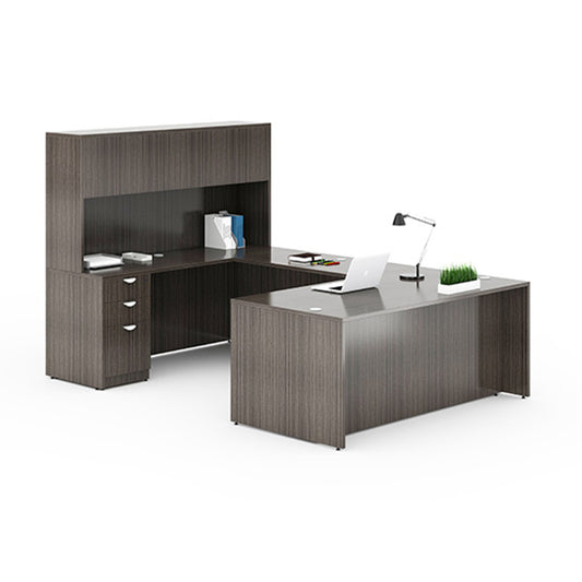 Boss  71 Inch Executive U-Shape Desk with File Storage Pedestal and Hutch, Driftwood
