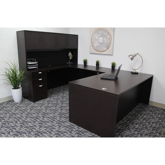Boss  71 Inch Executive U-Shape Desk with File Storage Pedestal and Hutch, Mocha