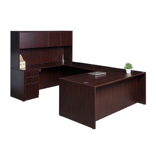 Boss  71 Inch Executive U-Shape Desk with File Storage Pedestal and Hutch, Mahogany