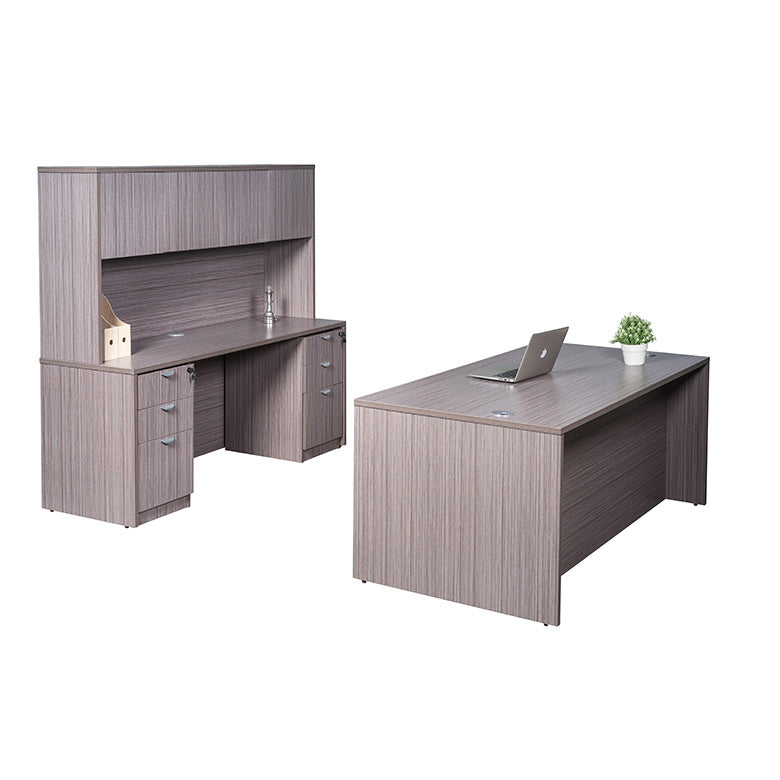 Boss  66 Inch Executive Office Suite with 2 File Storage Pedestals, Credenza and Hutch, Driftwood