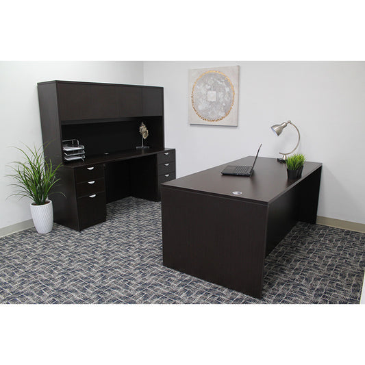 Boss  71 Inch Executive Office Suite with 2 File Storage Pedestals, Credenza and Hutch, Mocha