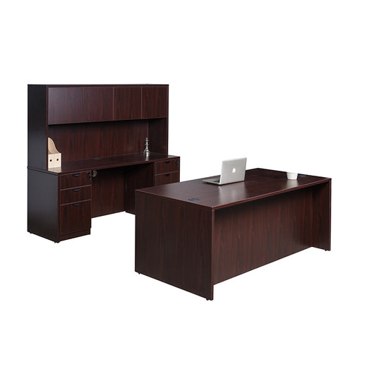 Boss  71 Inch Executive Office Suite with 2 File Storage Pedestals, Credenza and Hutch, Mahogany