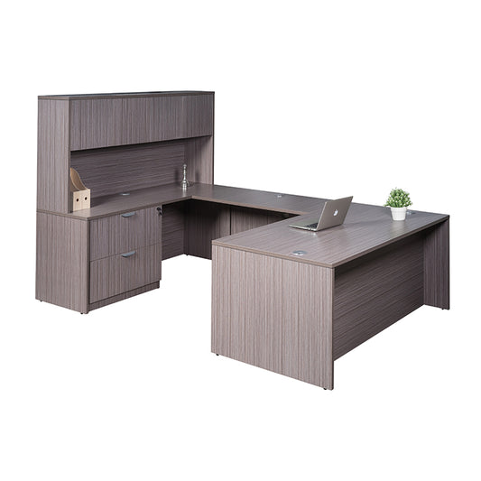 Boss 71 Inch Executive U-Shape Desk with Lateral File and Hutch, Driftwood