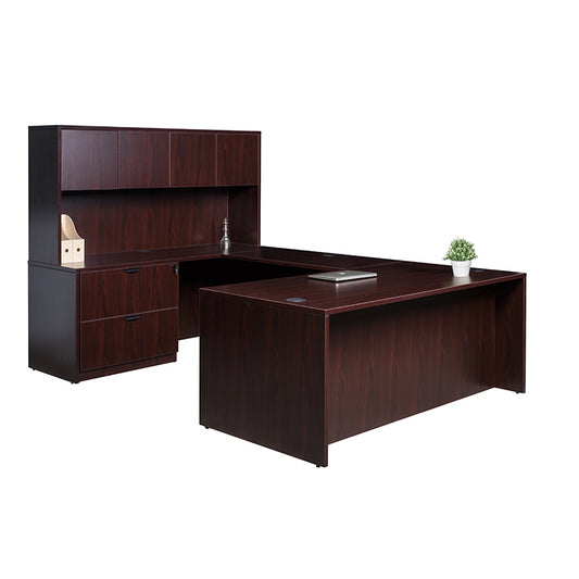 Boss 71 Inch Executive U-Shape Desk with Lateral File and Hutch, Mahogany