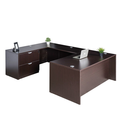 Boss 71 Inch Executive U-Shape Desk with Lateral File and Credenza, Mocha