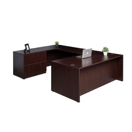 Boss 71 Inch Executive U-Shape Desk with Lateral File and Credenza, Mahogany