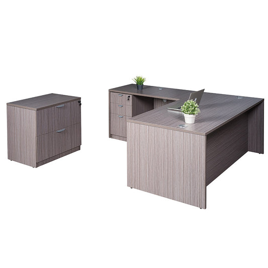 Boss 71 Inch Desk, Executive L-Shape Corner Desk with File Storage Pedestal and Lateral File, Driftwood