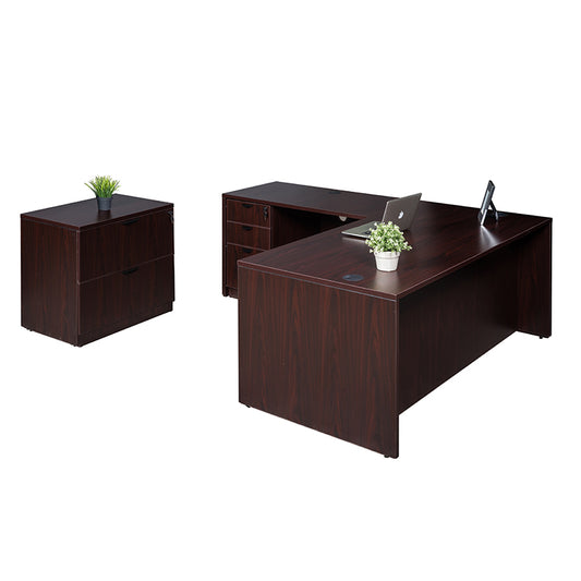 Boss 71 Inch Desk, Executive L-Shape Corner Desk with File Storage Pedestal and Lateral File, Mahogany