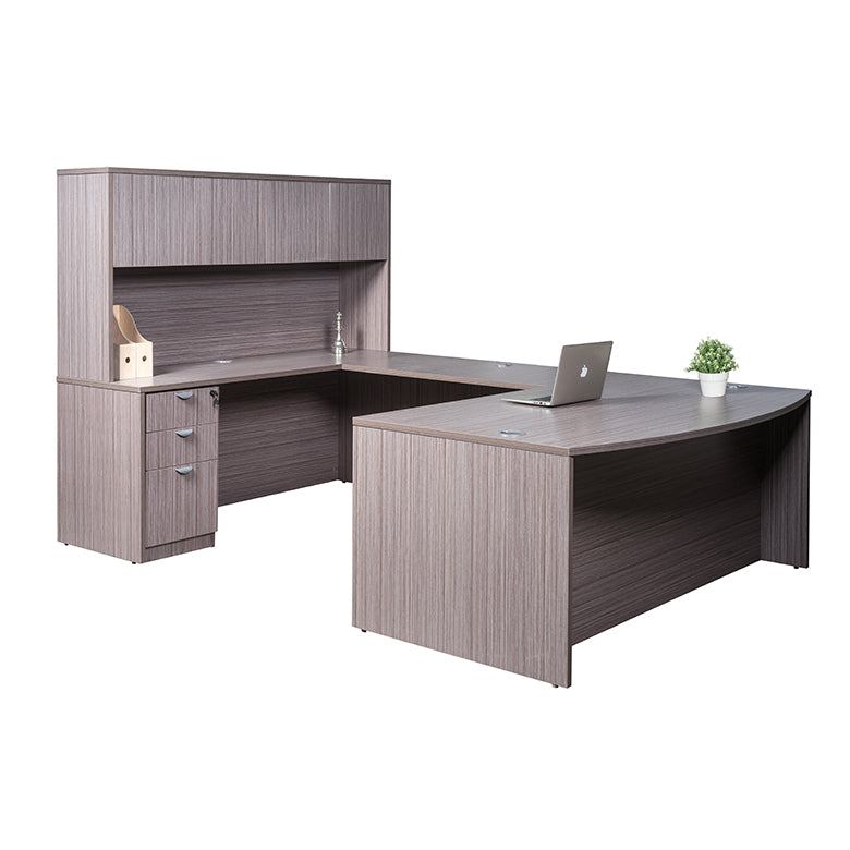 Boss 71 Inch Executive U-Shaped Curved Bow Desk with File Storage Pedestal and Hutch, Driftwood