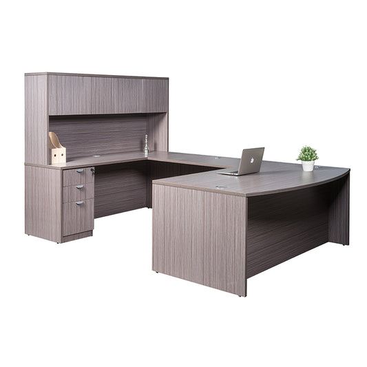 Boss 71 Inch Executive U-Shaped Curved Bow Desk with File Storage Pedestal and Hutch, Driftwood