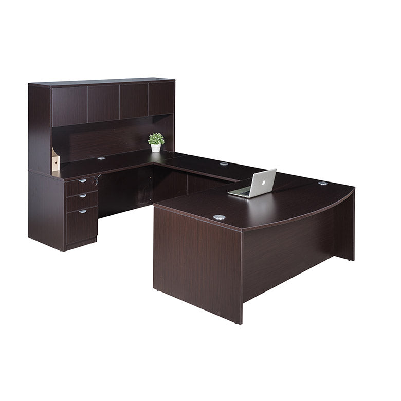 Boss  71 Inch Executive U-Shaped Curved Bow Desk with File Storage Pedestal and Hutch, Mocha