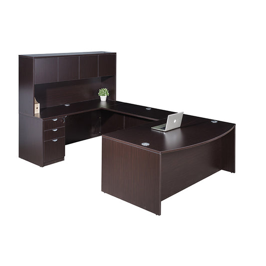 Boss  71 Inch Executive U-Shaped Curved Bow Desk with File Storage Pedestal and Hutch, Mocha