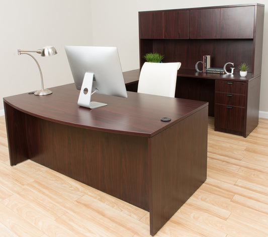 Boss  71 Inch Executive U-Shaped Curved Bow Desk with File Storage Pedestal and Hutch, Mahogany